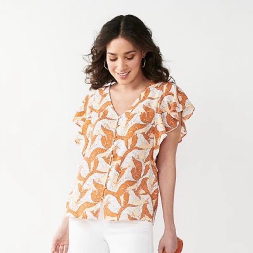 NWT Nine West Leaf Print Button Down Butterfly Sleeve Blouse Size XXL